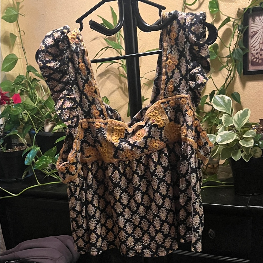 Free People Black and Yellow Floral Blouse